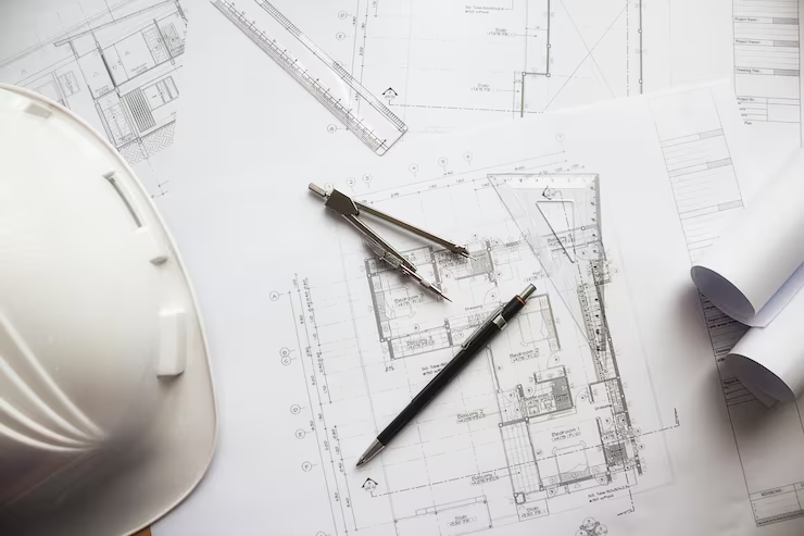Construction plans, drafting tools, and a hard hat on a work desk