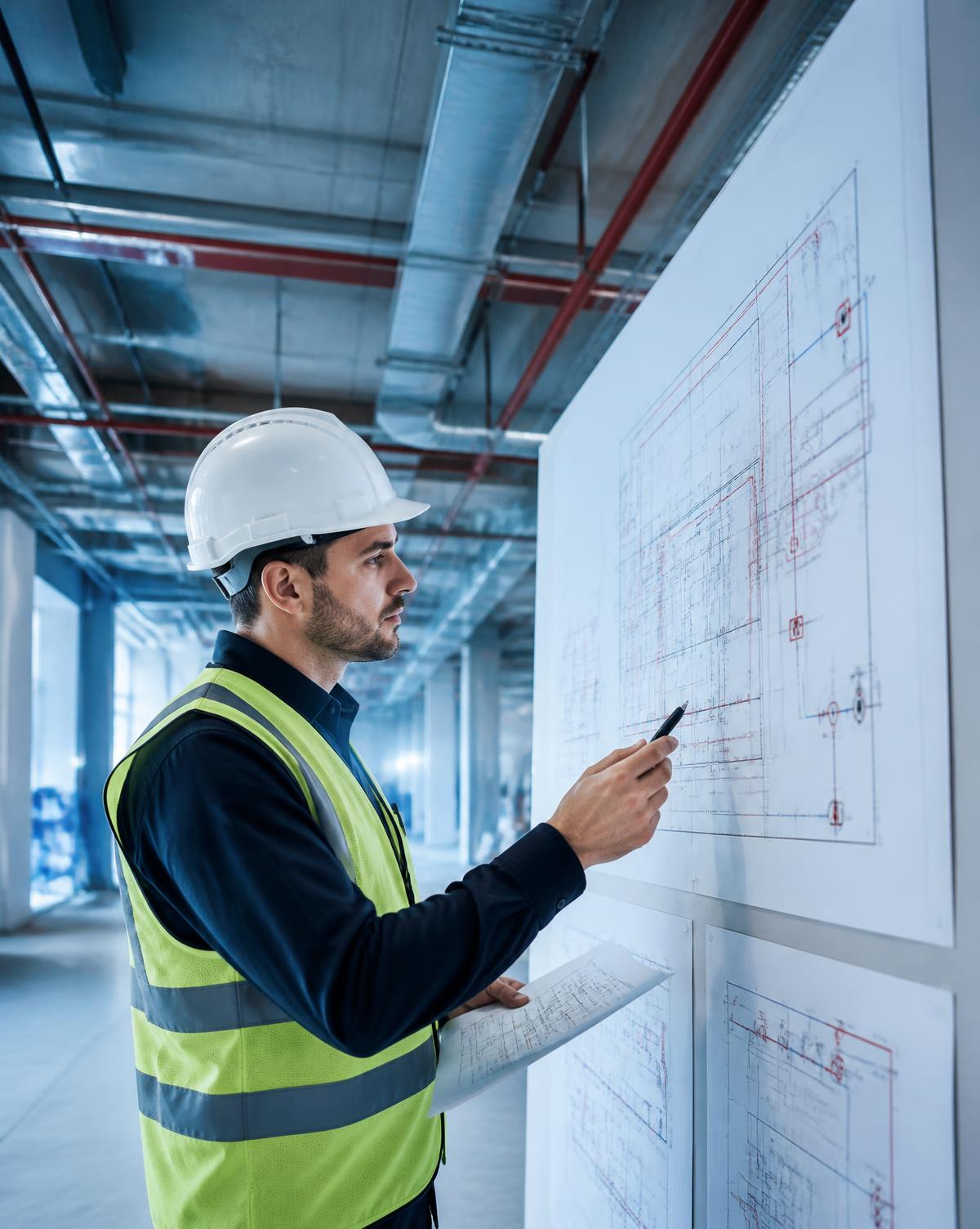 Professional engineer reviewing sprinkler and fire alarm drawings at a construction site