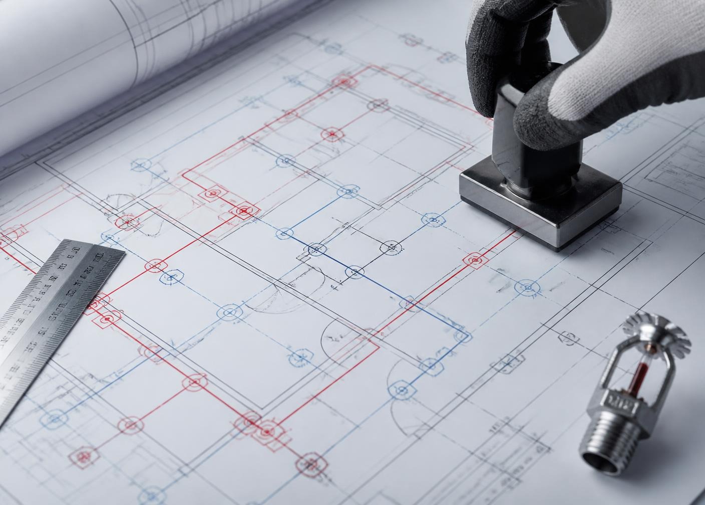 Construction plans, drafting tools, and a hard hat on a work desk